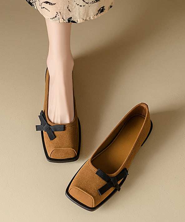 Chic Apricot Suede Flat Shoes Splicing Bow