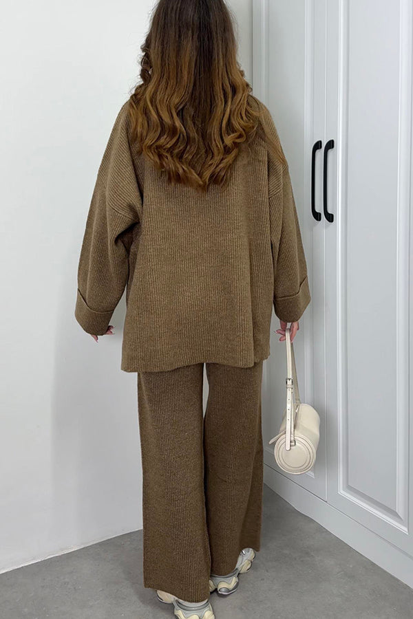 Solid Color Loose Long-sleeved Knit Top and Elastic Waist Casual Straight Leg Pants Set