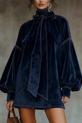 Solid Color Velvet Bow Tie Lantern Sleeve Loose Mini Dress