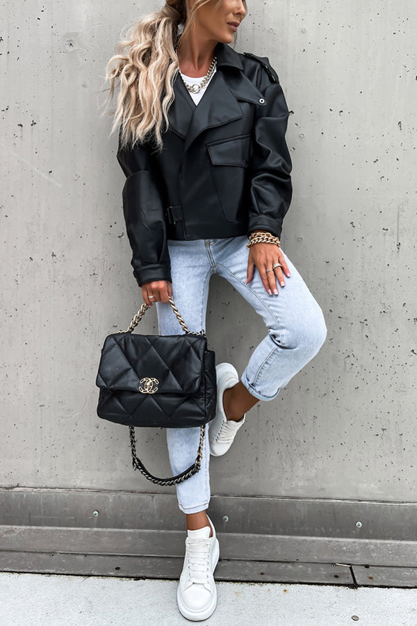 Leather Lapel Pocket British Style Cropped Jacket