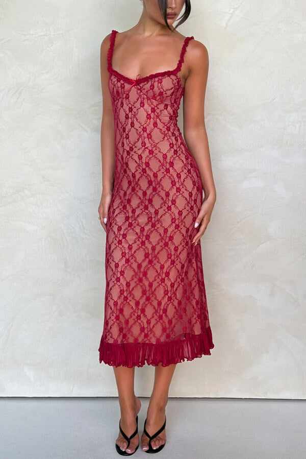 Plaid Camisole Lace Slim-fit Elegant Midi Dress