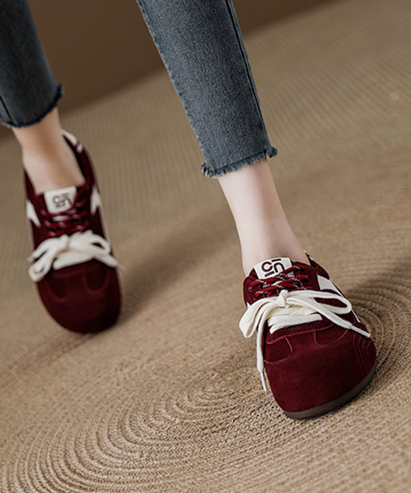Red Lace Up Platform Suede Splicing Flat Shoes
