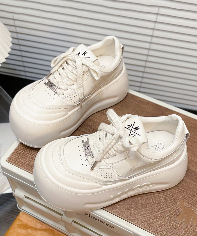 Casual Lace Up Splicing Platform Shoes Beige Cowhide Leather