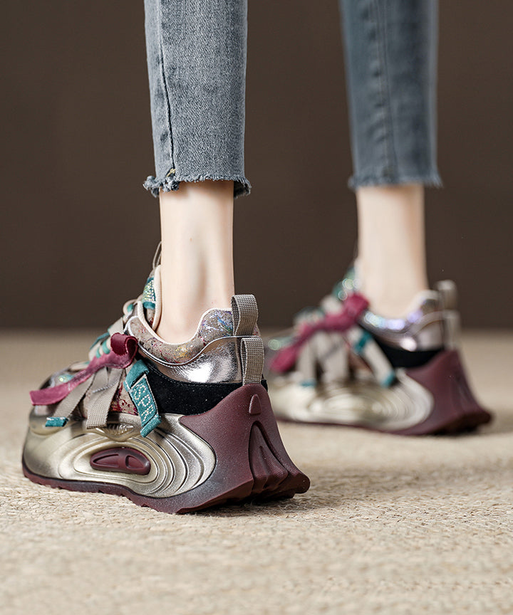 Purple Lace Up Zircon Splicing Platform Flat Shoes For Women