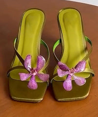 Green Floral Splicing High Heels Slide Sandals Peep Toe