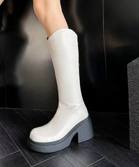 Stylish Versatile Zippered Chunky Boots Beige Cowhide Leather
