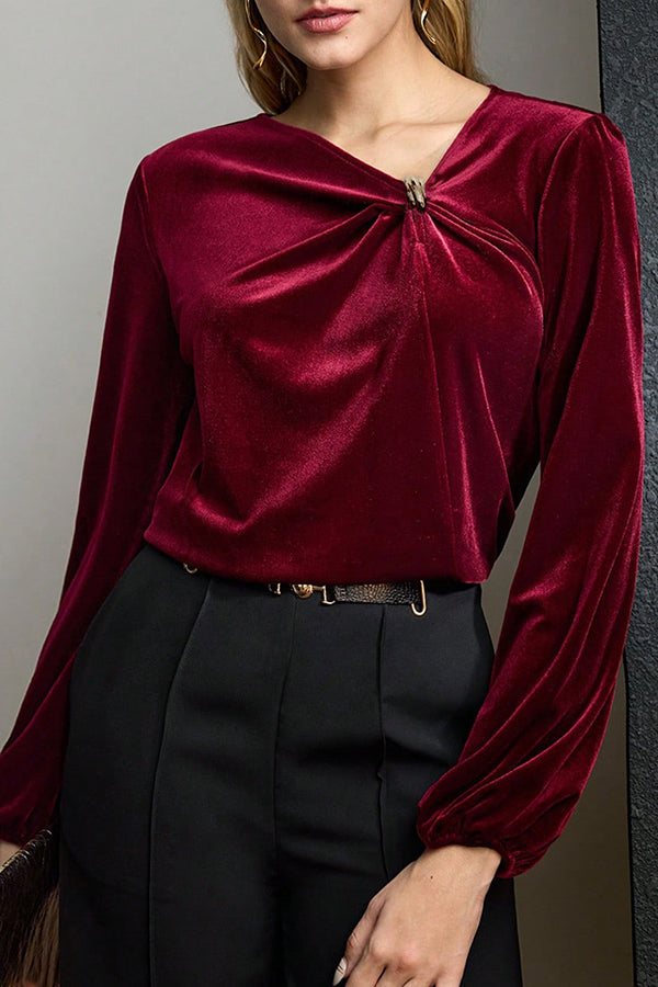 Velvet Pleated Long-sleeved Knotted Casual Top