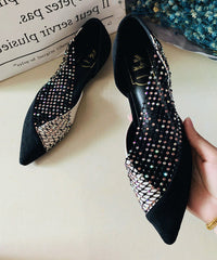 Black Pointed Toe Tulle Zircon Flat Shoes For