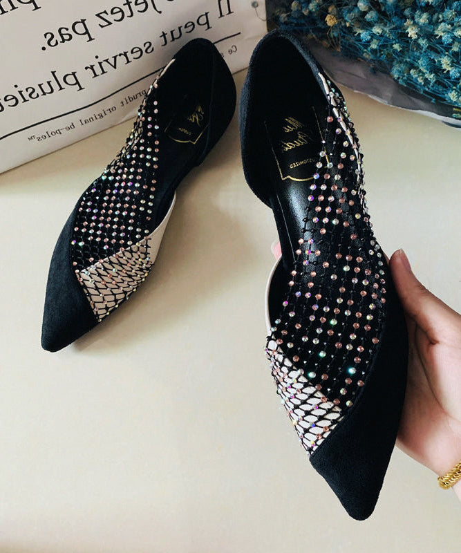 Black Pointed Toe Tulle Zircon Flat Shoes For