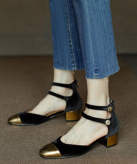 Women Champagne Velour Splicing Cowhide Leather Chunky Sandals