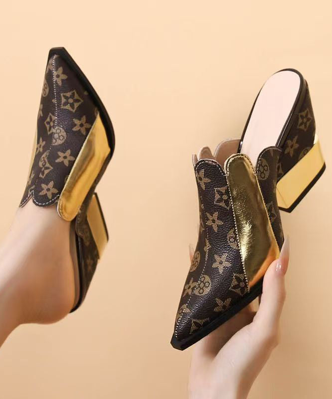 Colorblock Splicing Wedge Cowhide Leather Slide Sandals Pointed Toe