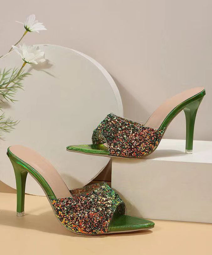 Green Sequins Splicing Stiletto High Heels Slide Sandals