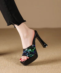 Sequins Splicing High Heel Black Slide Sandals Peep Toe