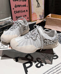 Pink Canvas Lace Up Zircon Splicing Flat Shoes For Women