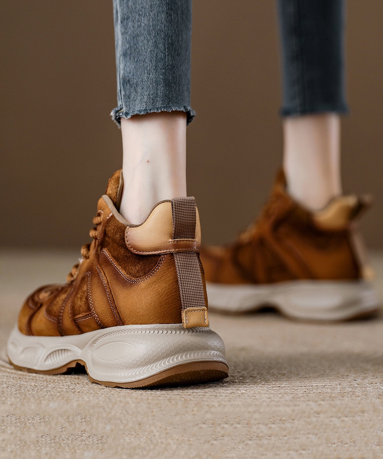 Brown Comfy Lace Up Splicing Platform Flats