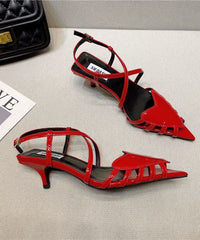 Splicing Heart Kitten Heels Sandals Red Faux Leather Pointed Toe