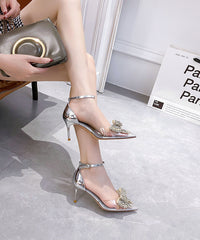 Silver Pointed Toe Rhinestone Bow High Heels Sandals
