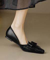Chic Bow Splicing Soft Comfy Flats Black Sheepskin