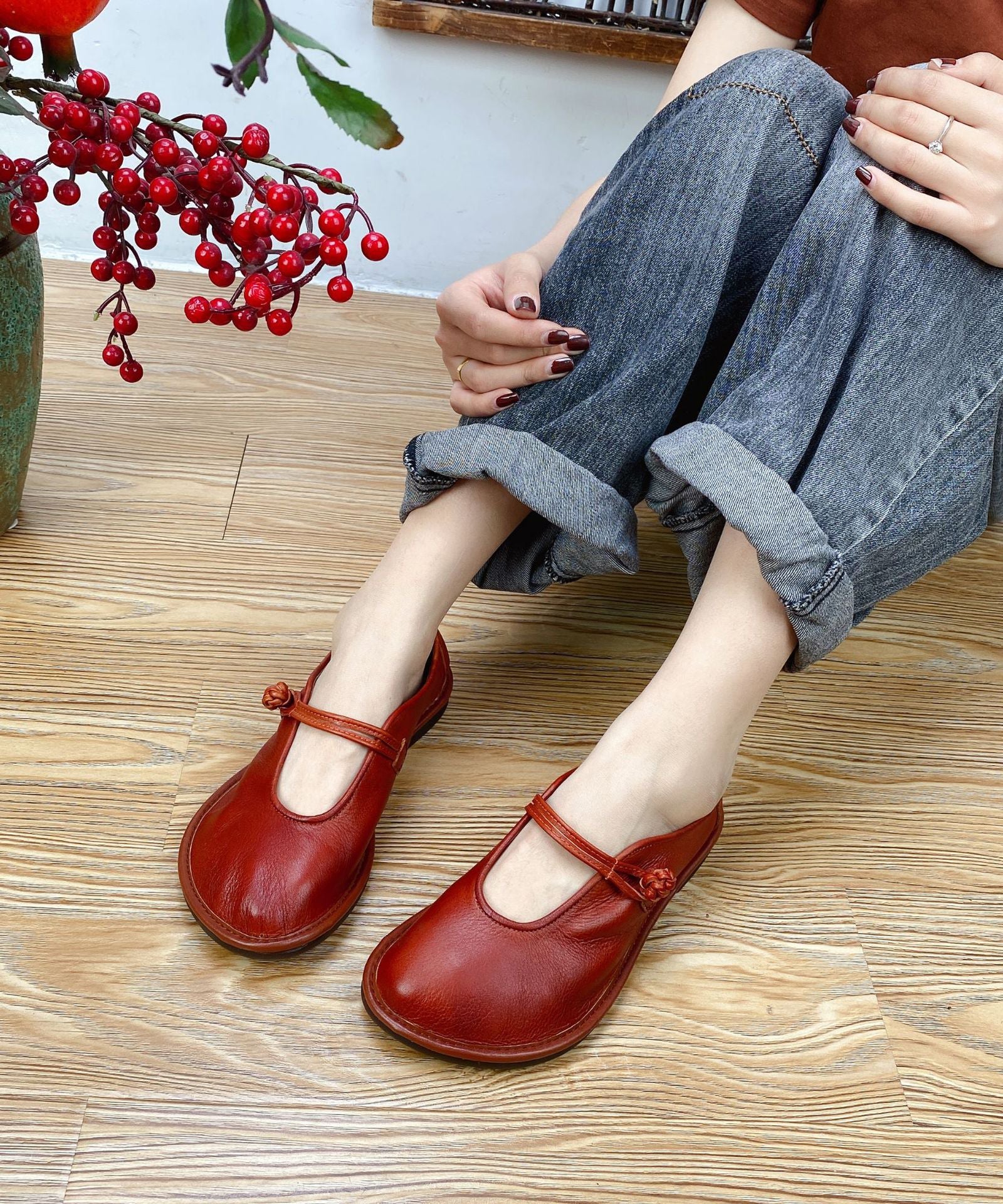 Splicing Flat Shoes For Black Cowhide Leather