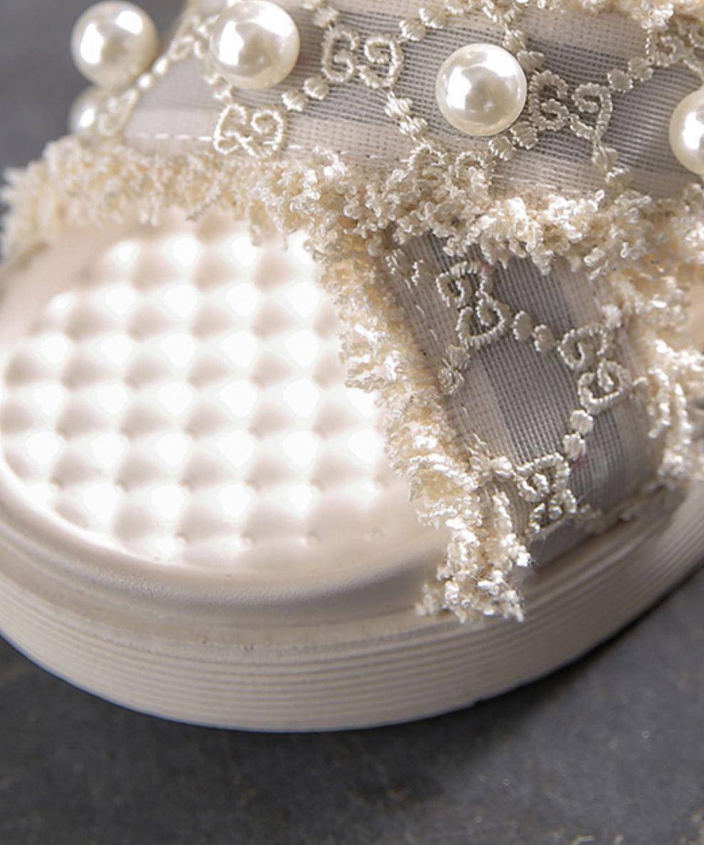 Beige Canvas Nail Bead Splicing Platform Slide Sandals