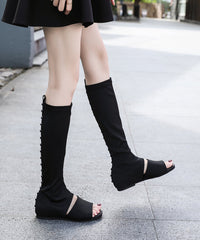 Splicing Long Boots Black Peep Toe Elastic Fabric