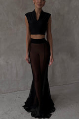 French chiffon fish tail eternal mesh high waisted elastic fish tail long skirt