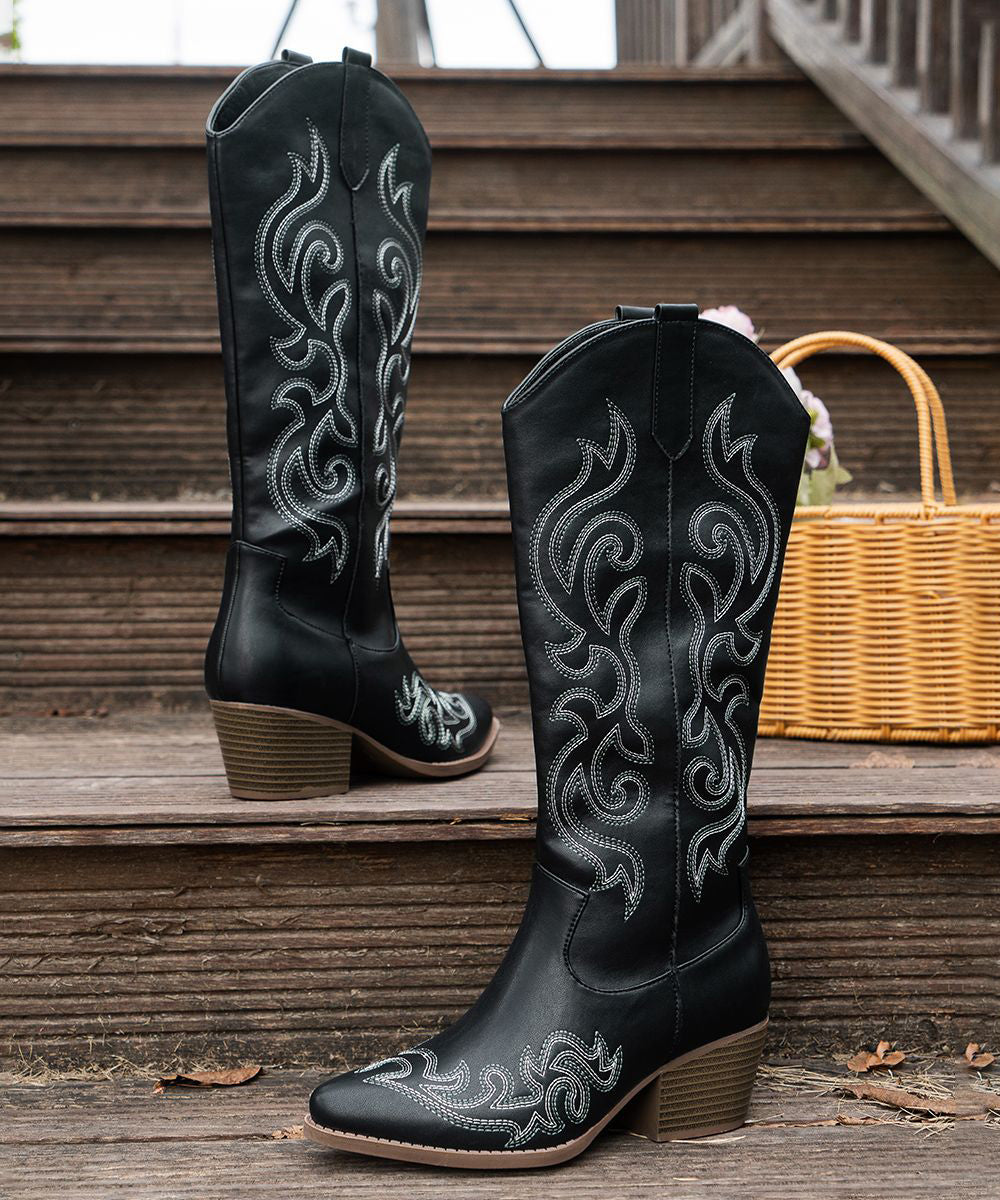 Retro Red Embossed Zippered Chunky Boots Faux Leather
