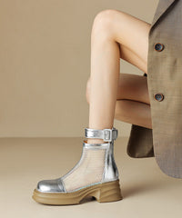 Silk Chunky Cowhide Leather Breathable Mesh Splicing Boots