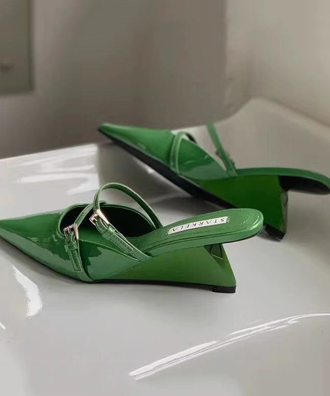 Black Wedge Heel Pointed Toe Slide Sandals