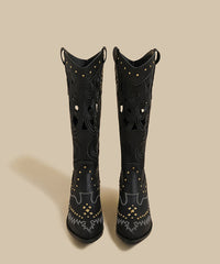 Stylish Hollow Out Rivet Splicing Chunky Boots Brown Faux Leather