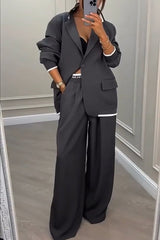 Sports Style Ribbed Colorblock Lapel Blazer and Elastic Waist Pocket Loose Pants Set