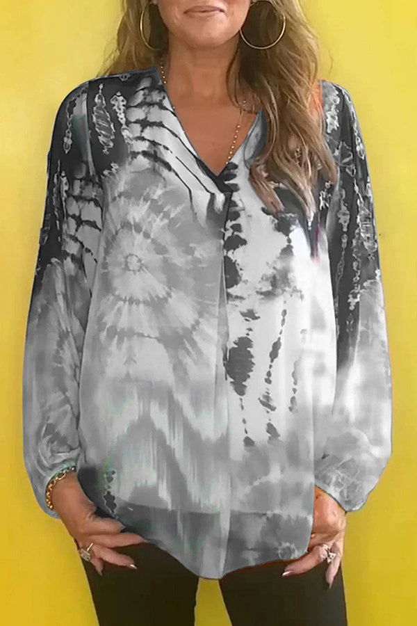 Gradient Tie-dye V-neck Long-sleeved Casual Shirt