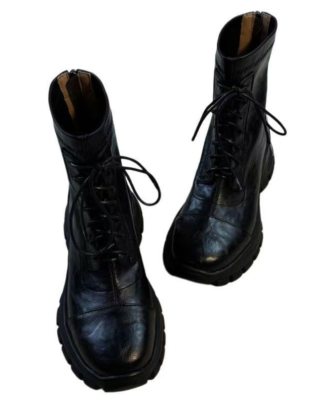 Black Sheepskin Splicing Lace Up Boots