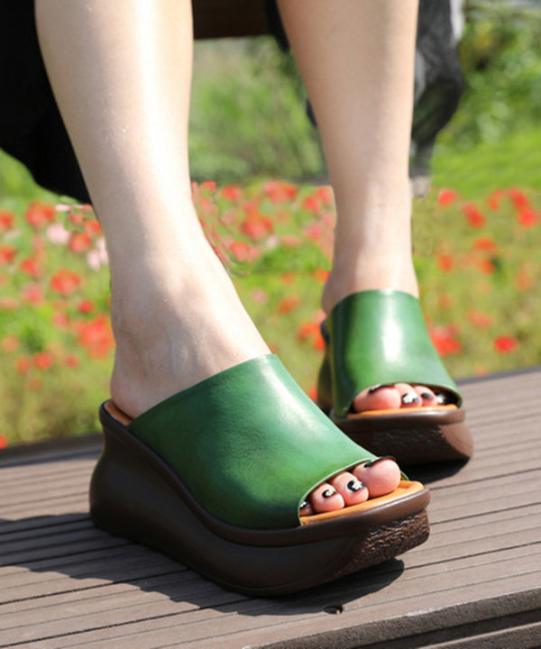 Green Cowhide Leather Peep Toe Splicing Wedge Slide Sandals