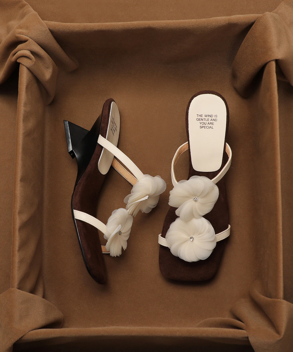 Beige Flower Wedge Heel Open Toe Slippers