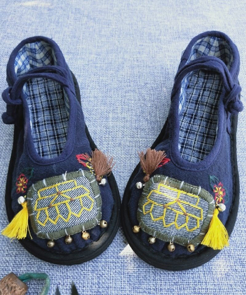 Handmade Navy Tassel Splicing Cotton Fabric Flat Feet Shoes
