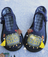 Handmade Navy Tassel Splicing Cotton Fabric Flat Feet Shoes