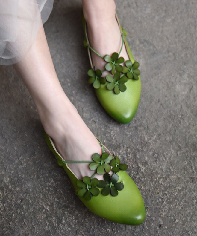 Floral Splicing Flat Shoes Pointed Toe Green Cowhide Leather