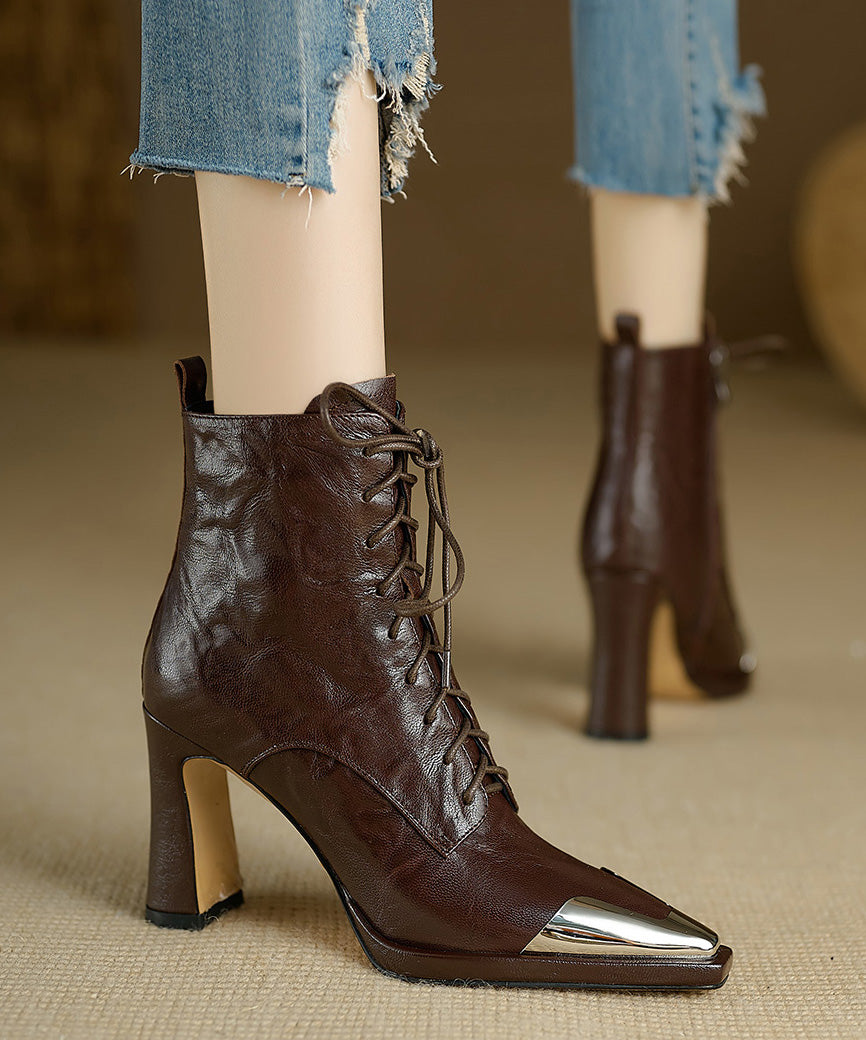 Brown Sheepskin Splicing Chunky Heel Boots Cross Strap