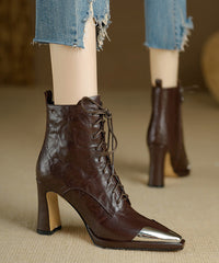 Brown Sheepskin Splicing Chunky Heel Boots Cross Strap