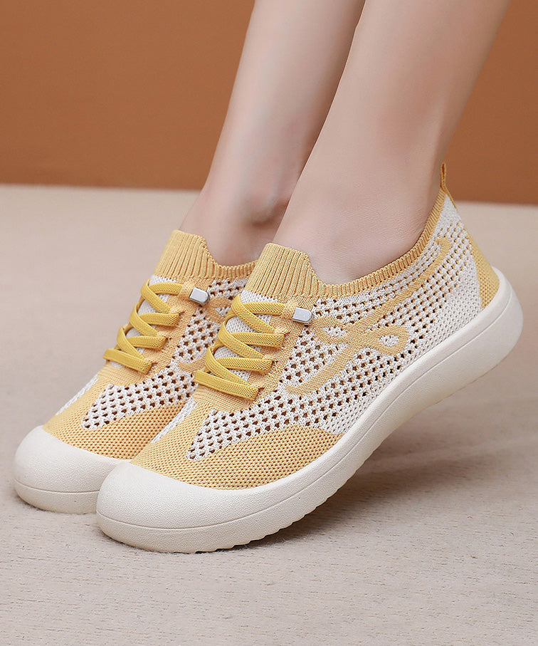 Yellow Hollow Out Breathable Mesh Comfortable Splicing Flat Shoes