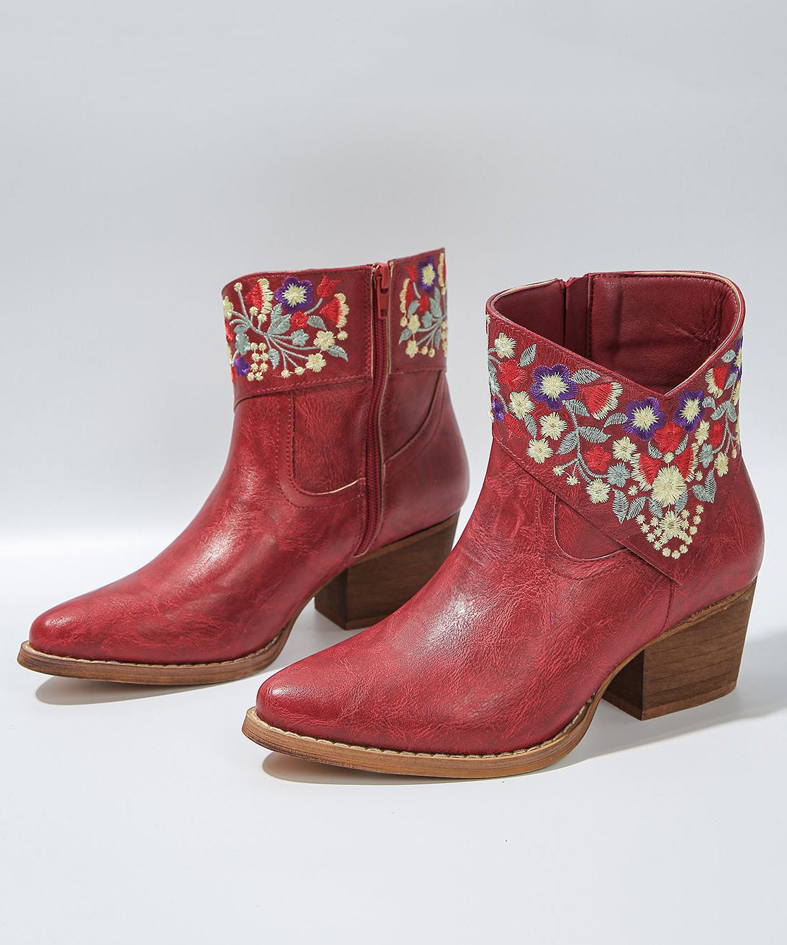 Red Embossed Zippered Faux Leather Chunky Boots