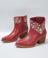New Red Embossed Zippered Faux Leather Chunky Boots