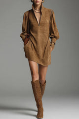 Loose-fitting Suede Zip-up V-neck Mini Dress
