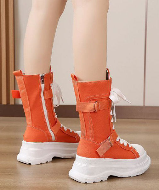 Splicing Lace Up Orange Canvas Motorcycle Platform Boots