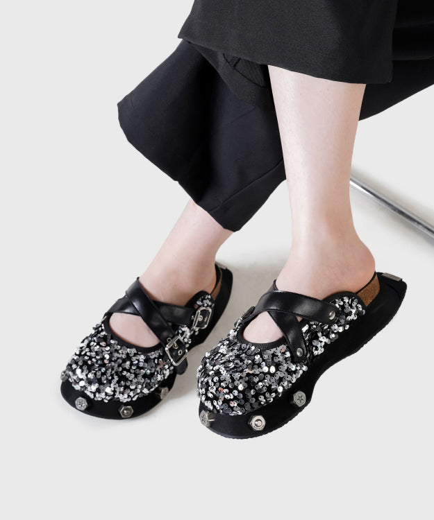 Platform Slide Sandals Black Cowhide Leather Sequins