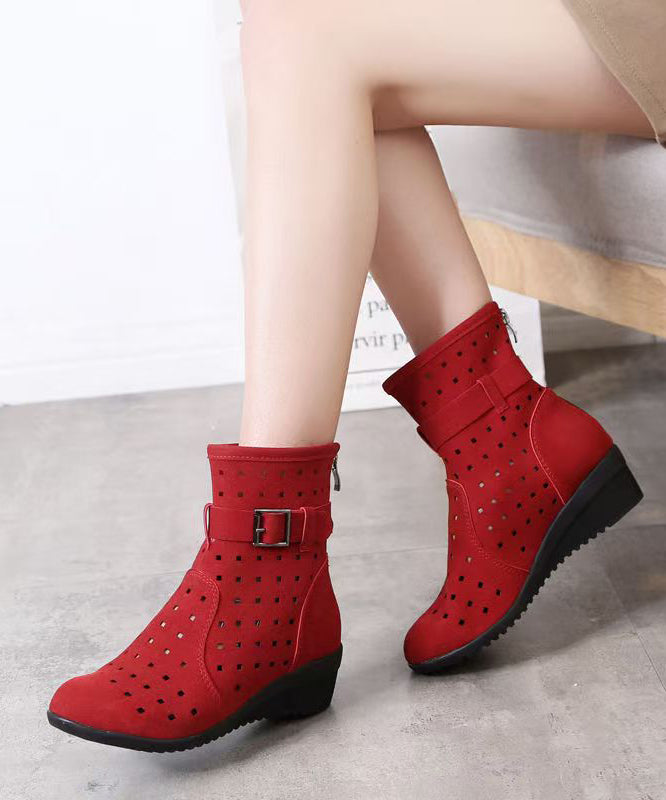Red Hollow Out Splicing Wedge Boots