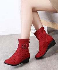 Red Hollow Out Splicing Women Wedge Boots