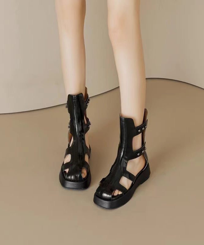 Hollow Out Platform Sandals Boots Black Cowhide Leather