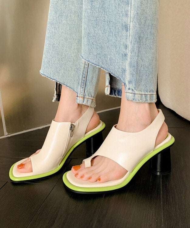 Black Chunky Heel Cowhide Leather Toe Covering Sandals